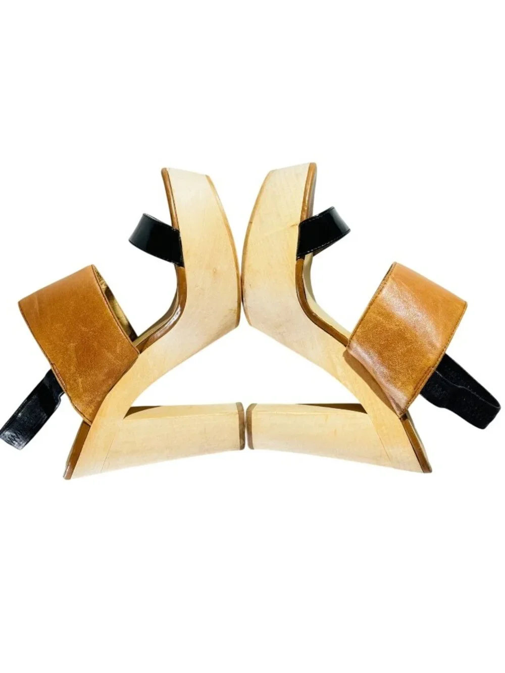 LEVITY Leather & Patent Platform Sandals With Elastic Strap & Wooden Block Heels